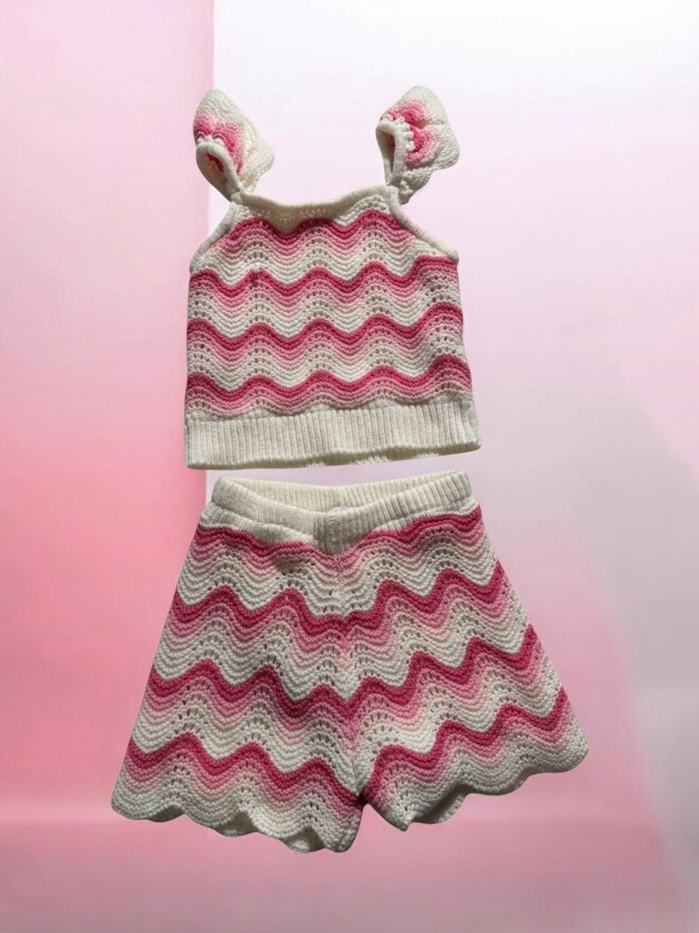 Girls Pink & Cream Crochet Wave Knit Two-Piece Set